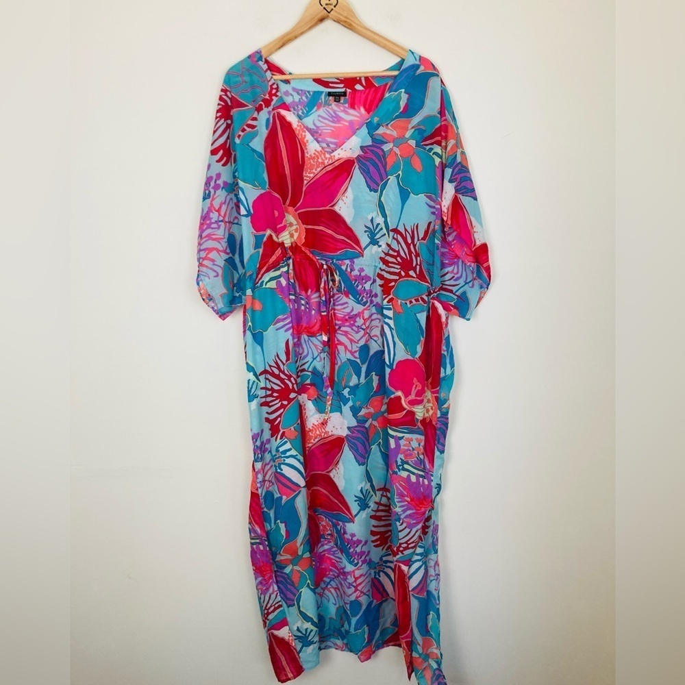 Talbots bright floral pink red and blue caftan dress or swim cover. Size 3XL